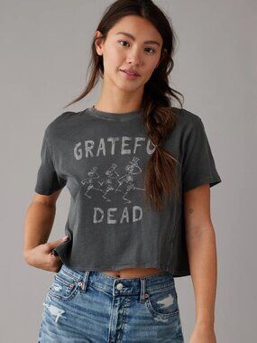 American Eagle Size L Band Tee Shirt Grateful Dead Graphic Cropped Boxy Cotton